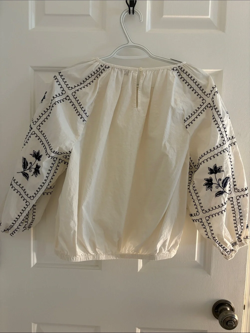 LOFT Cream Peasant Blouse with Black Embroidery